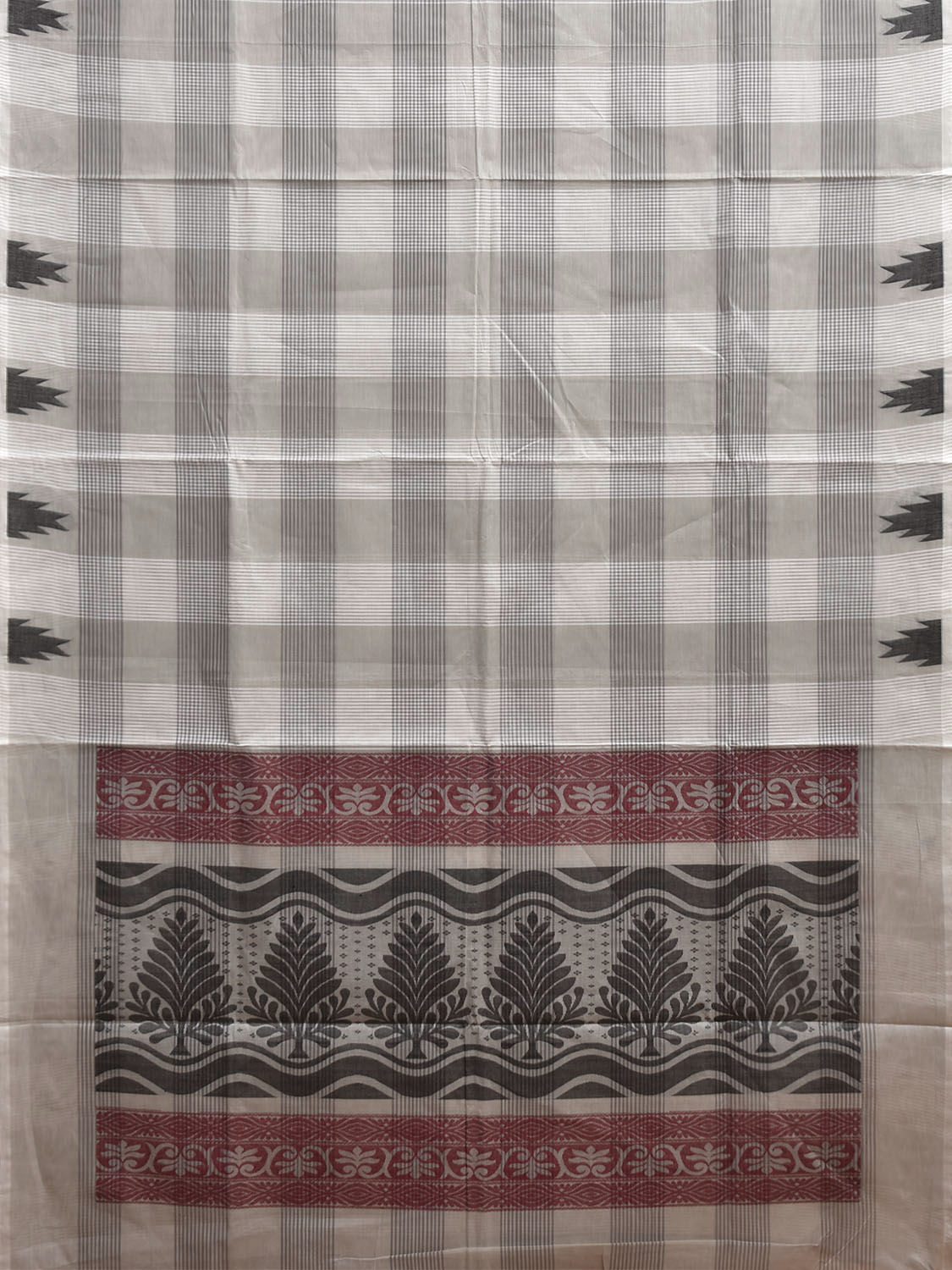 White and Light Grey Venkatagiri Cotton Saree with Checks and Temple Border Design v221