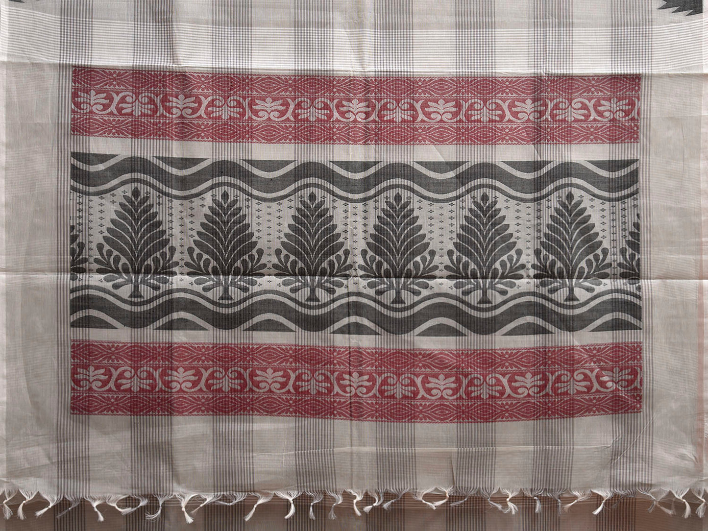 White and Light Grey Venkatagiri Cotton Saree with Checks and Temple Border Design v221