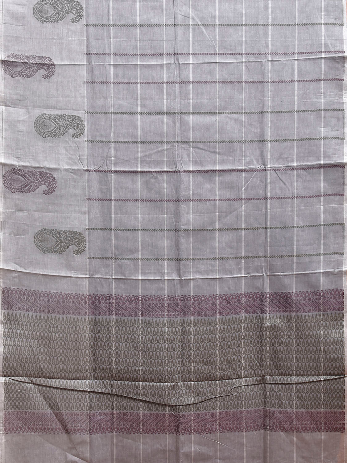 Light Grey Venkatagiri Cotton Saree with Checks and Mango Buta Border Design v0233