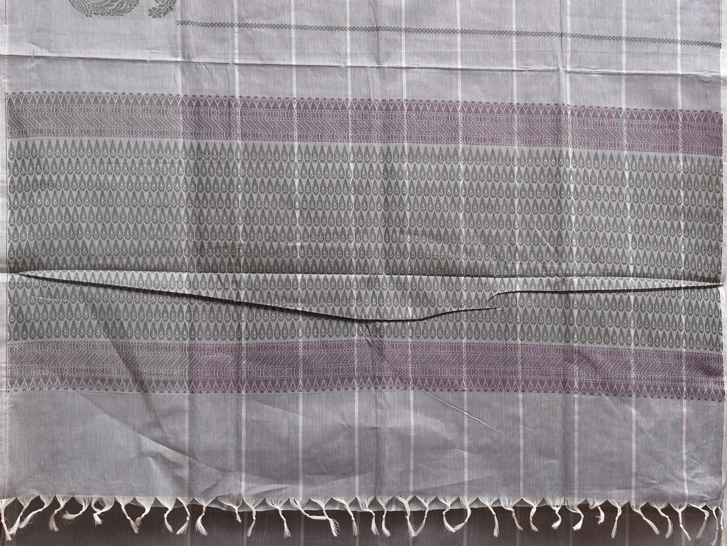 Light Grey Venkatagiri Cotton Saree with Checks and Mango Buta Border Design v0233