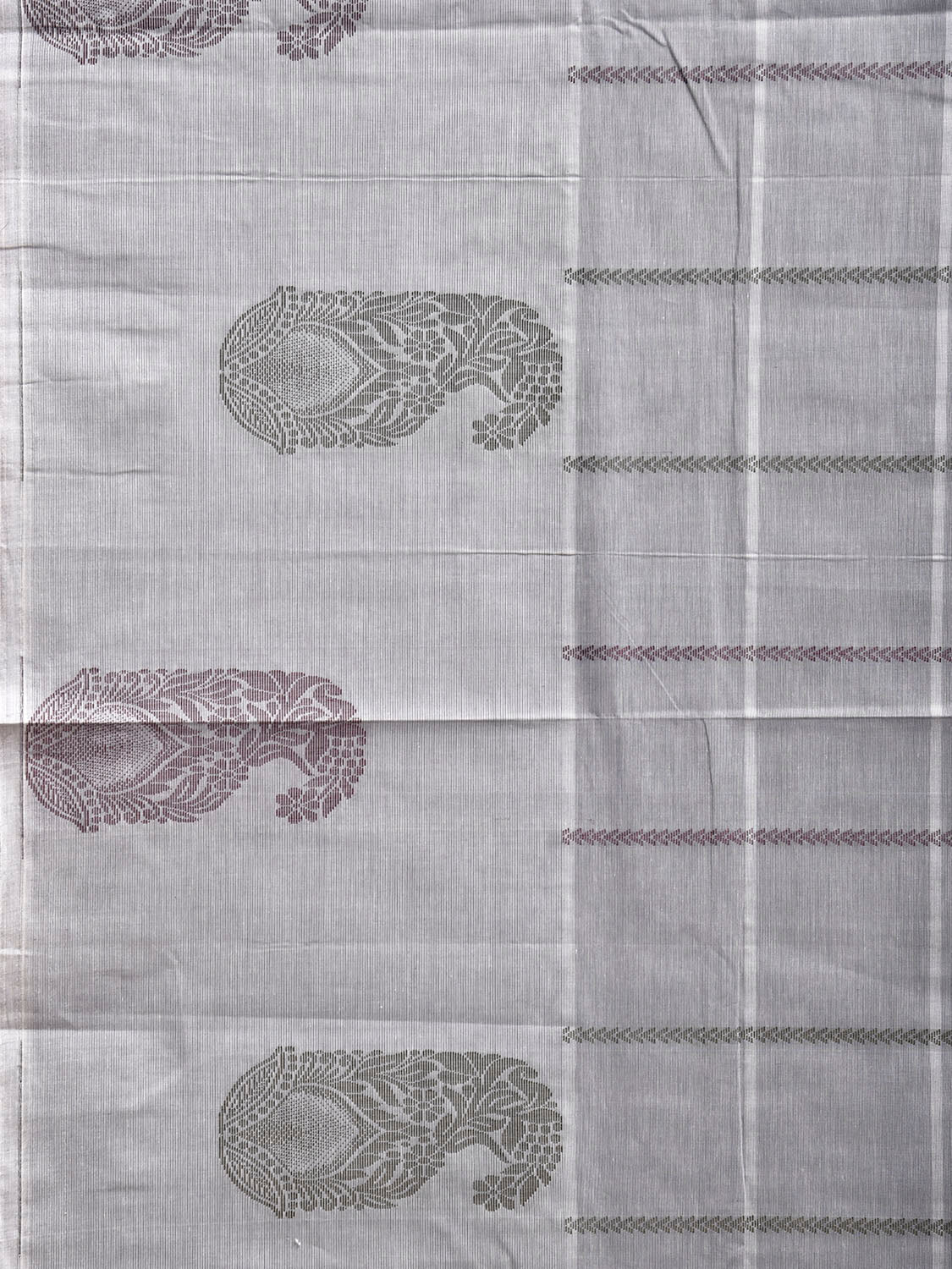 Light Grey Venkatagiri Cotton Saree with Checks and Mango Buta Border Design v0233