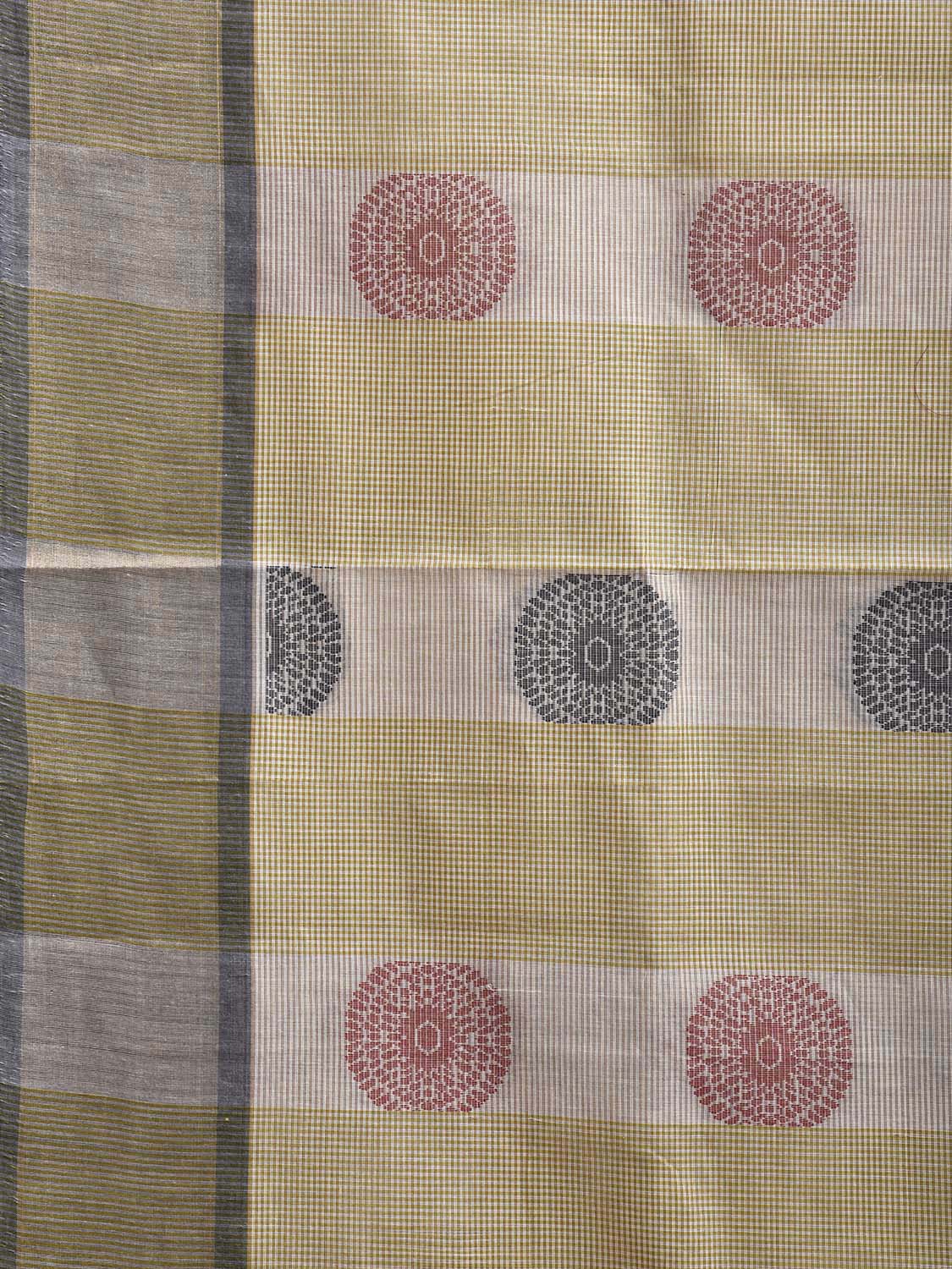 Olive and White Venkatagiri Cotton Saree with Round Buta Design v0239