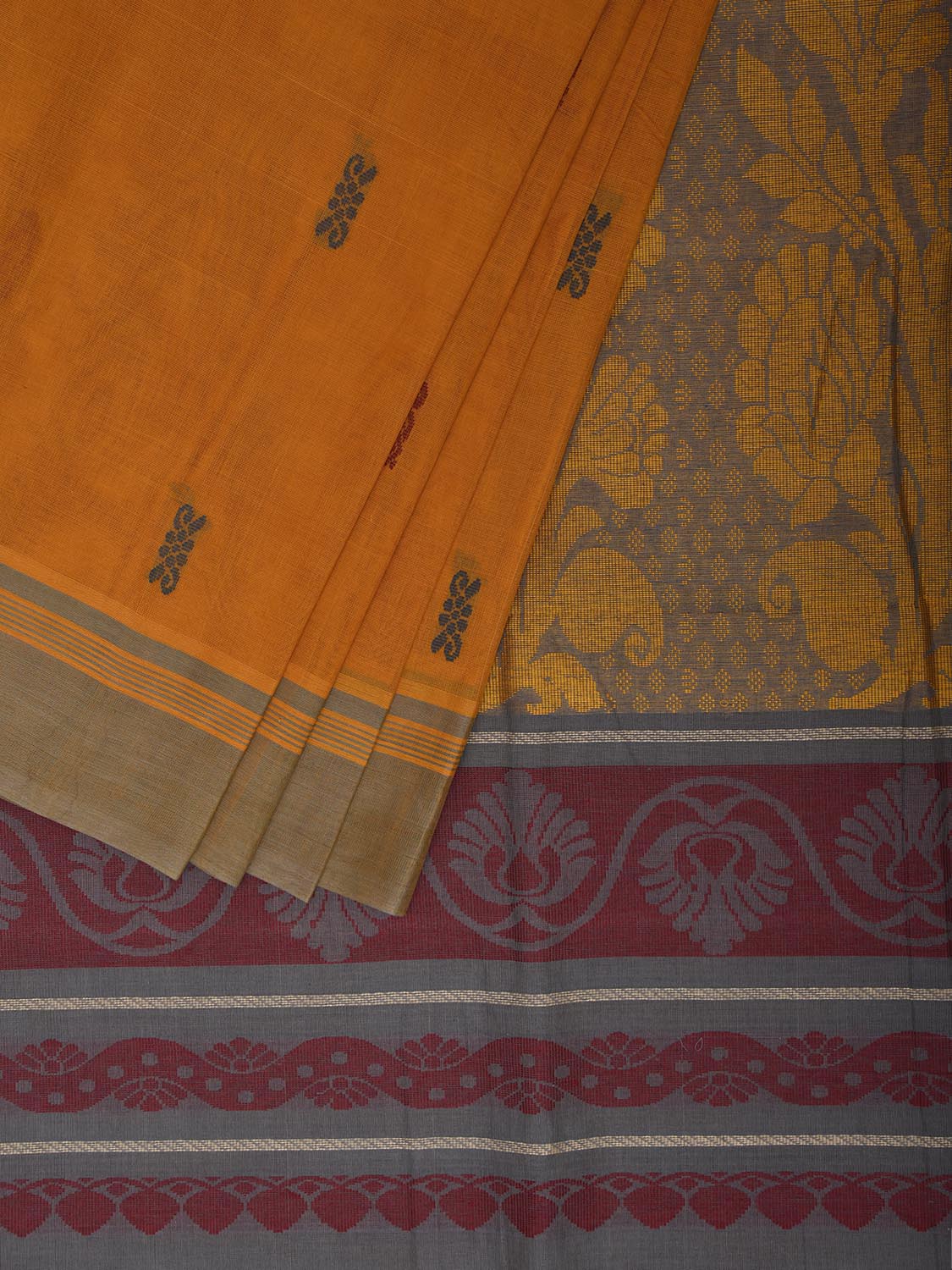 Yellow and Grey Venkatagiri Cotton Handloom Saree with Floral Pallu Design v0273