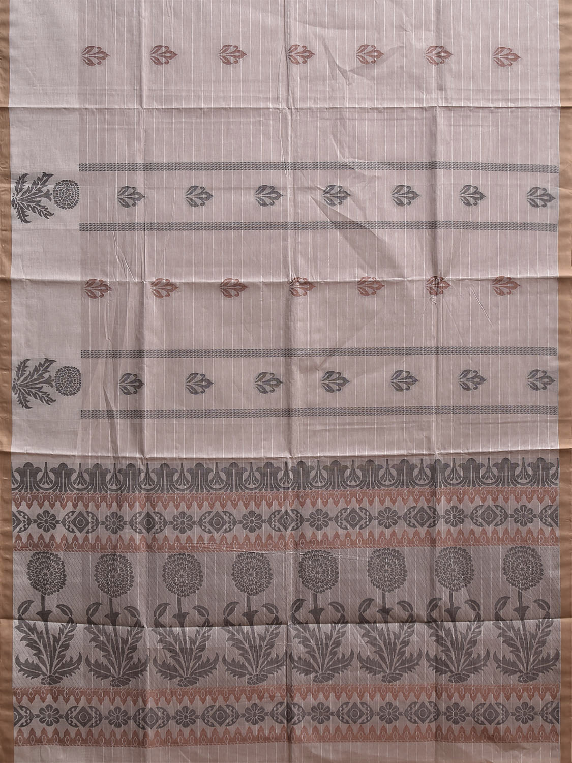 Light Khaki Venkatagiri Cotton Saree with Floral Buta and Pallu Design v0291