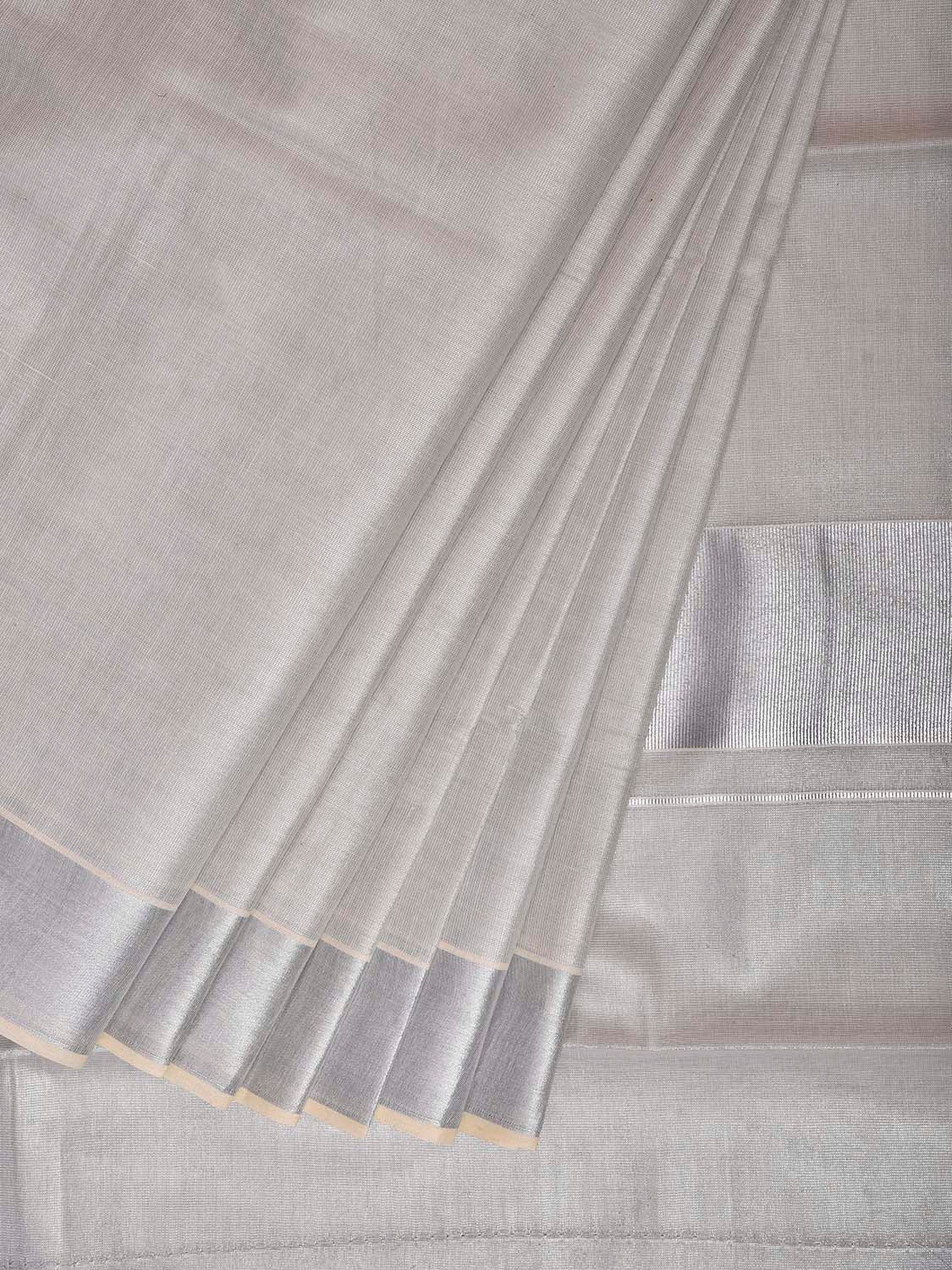 Silver Venkatagiri Tissue Plain Saree with Zari Strip Pallu Design No Blouse v0306