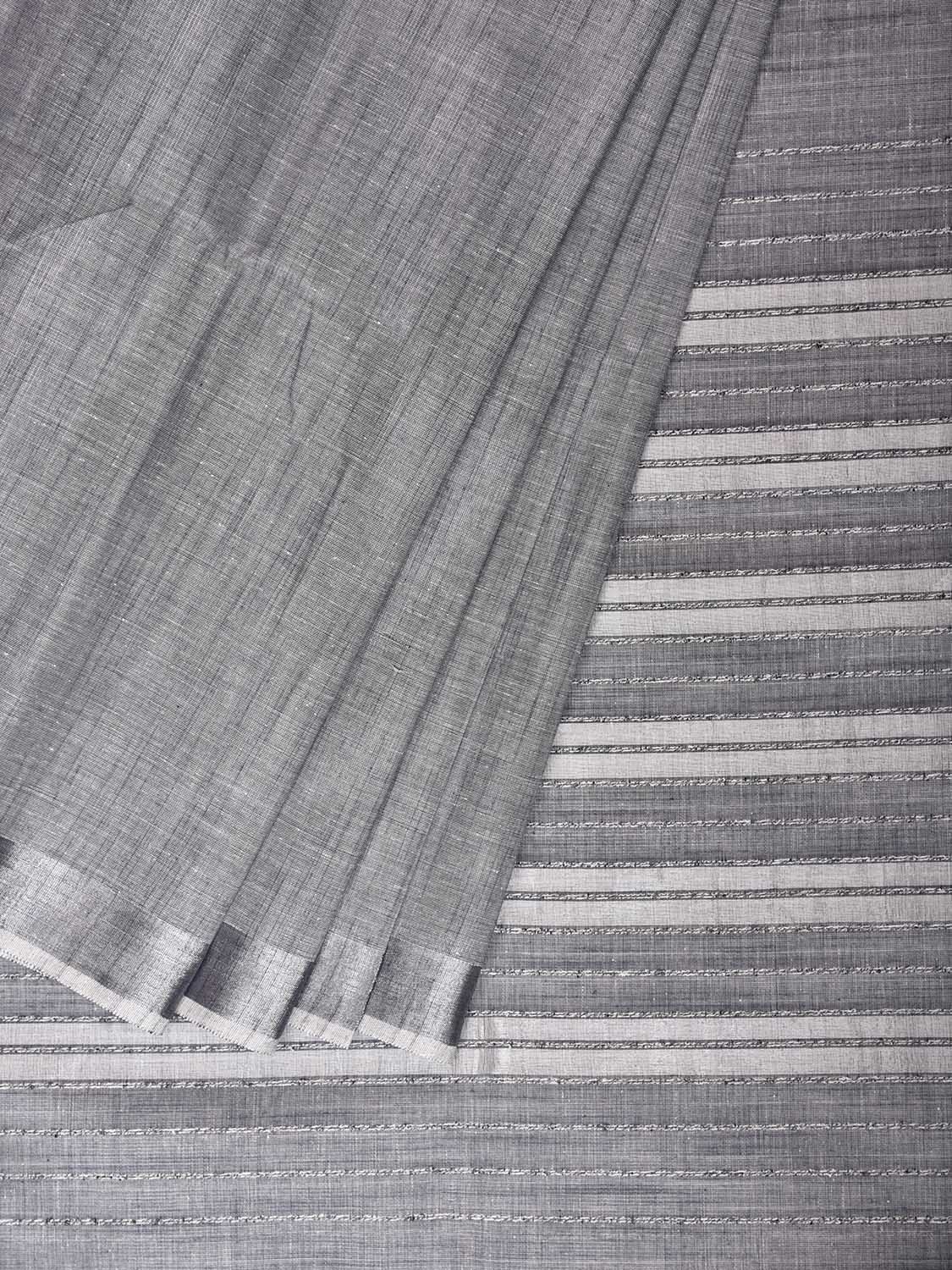 Light Grey and White Venkatagiri Plain Cotton Saree with Strips Pallu Design v0314