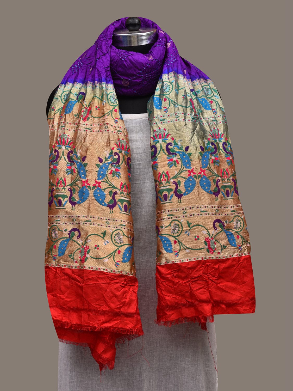 Violet Bandhani Paithani Silk Handloom Dupatta with Peacock Border Design ds2820