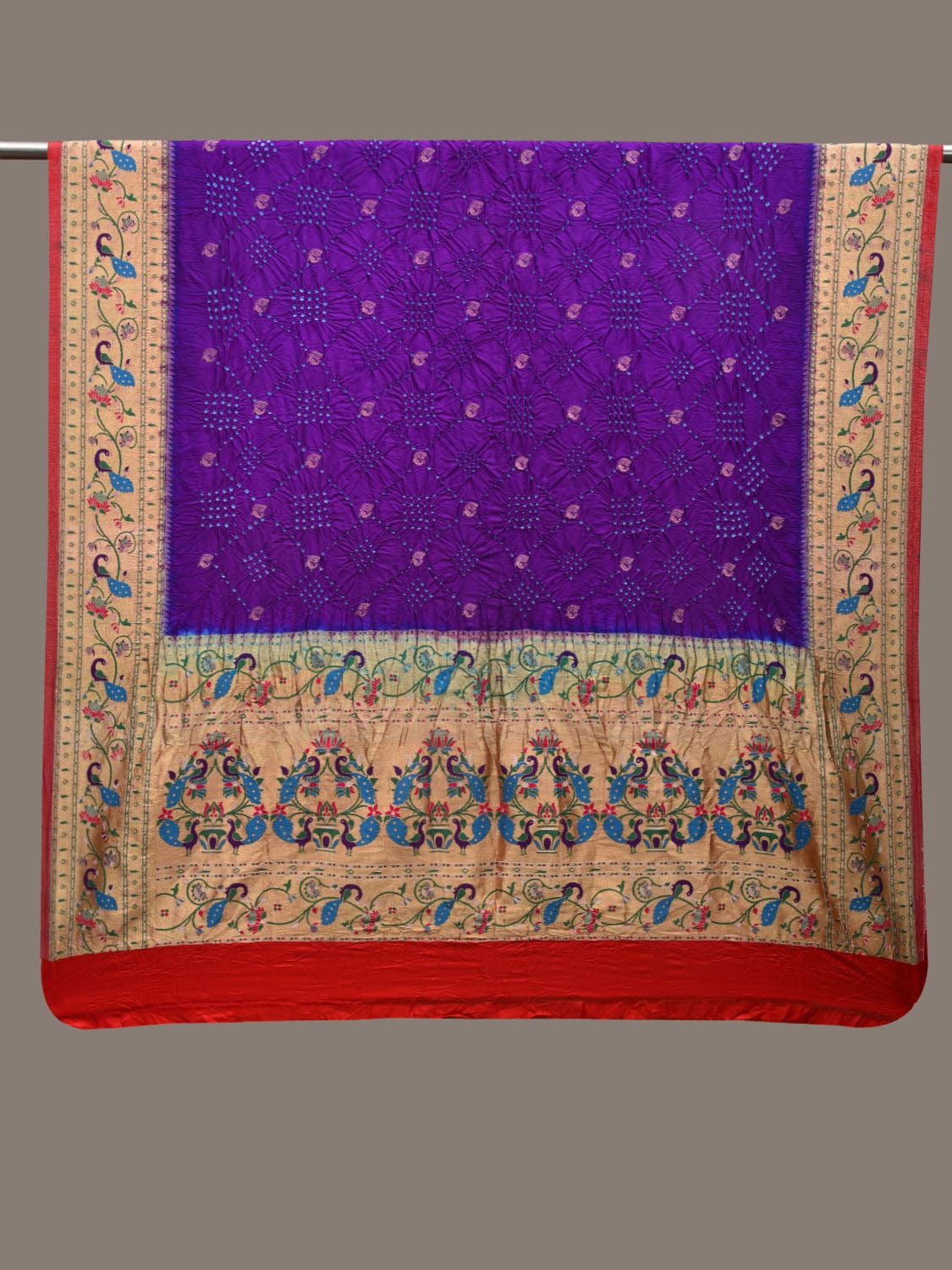 Violet Bandhani Paithani Silk Handloom Dupatta with Peacock Border Design ds2820