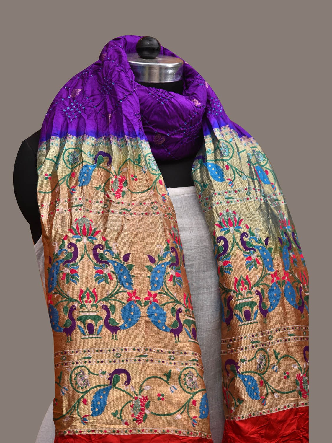 Violet Bandhani Paithani Silk Handloom Dupatta with Peacock Border Design ds2820