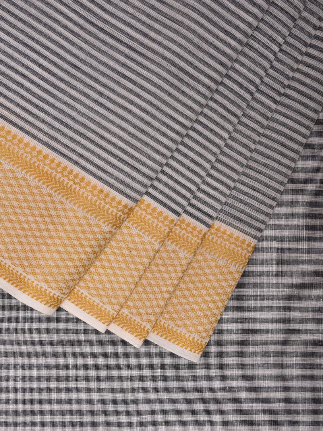 White and Black Kanchipuram Cotton Handloom Saree with Strips Design k0580