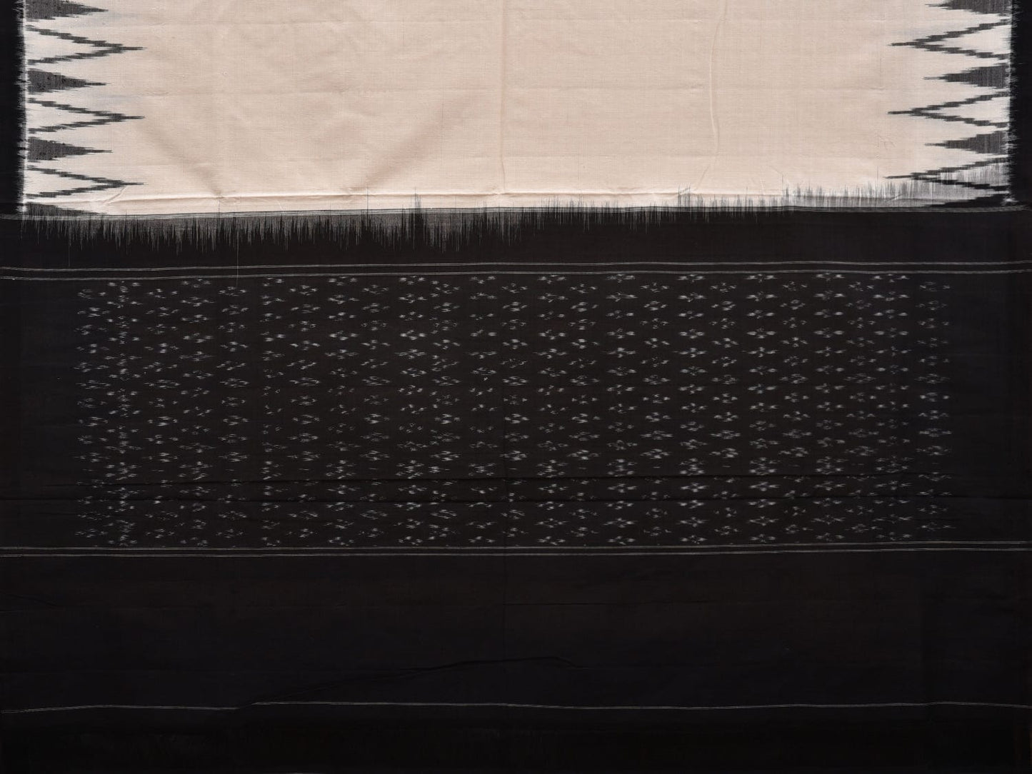 White and Black Pochampally Ikat Cotton Handloom Saree with Big Temple Border Design i0706