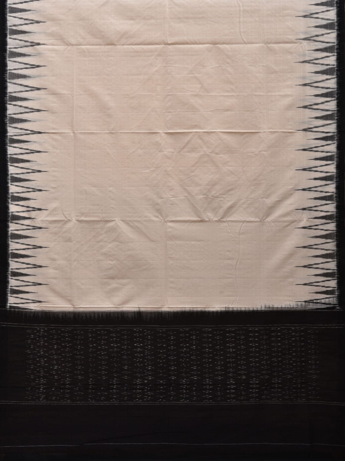 White and Black Pochampally Ikat Cotton Handloom Saree with Big Temple Border Design i0706