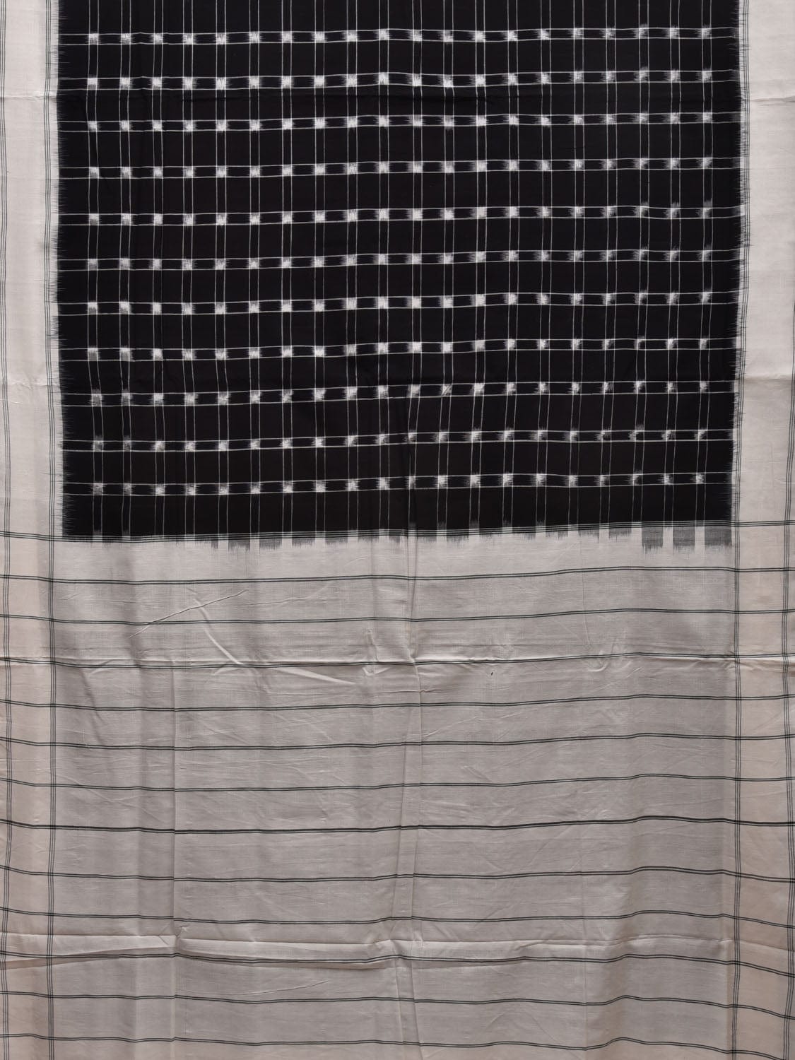 White and Black Pochampally Ikat Cotton Handloom Saree with Checks Design i0737