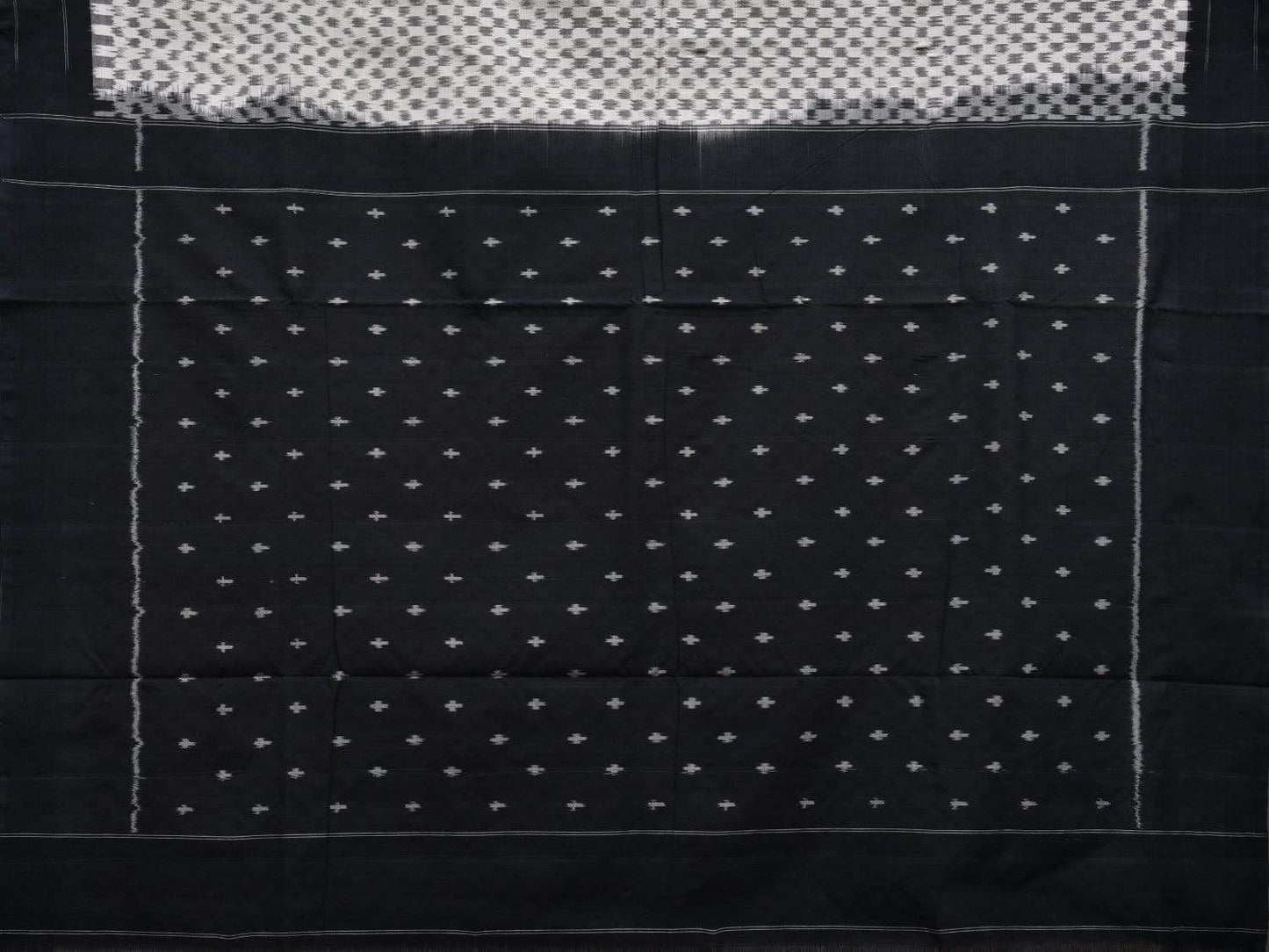 White and Black Pochampally Ikat Cotton Handloom Saree with Small Checks Design i0621