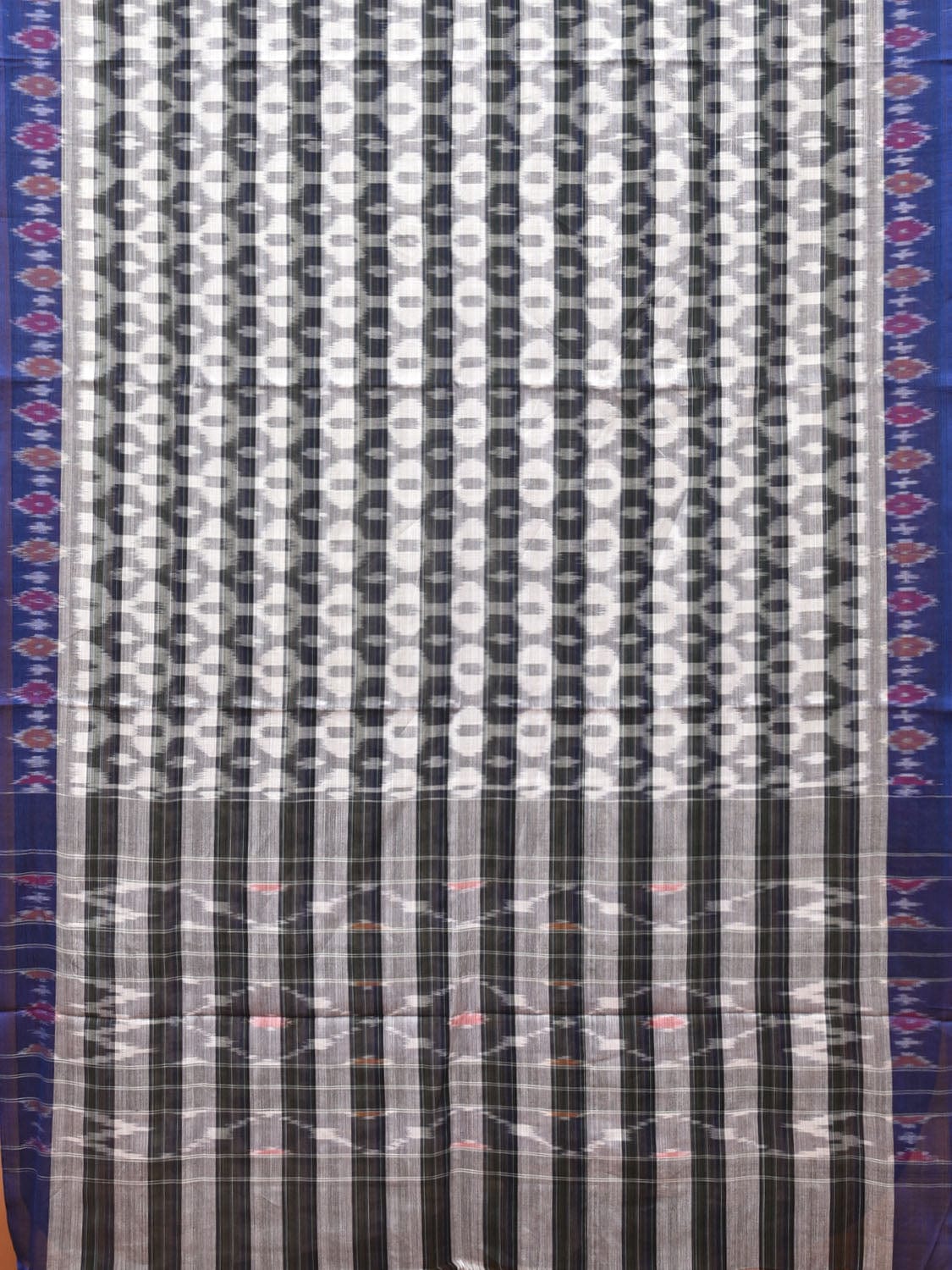 White and Black Pochampally Ikat Cotton Handloom Saree with Strips Design No Blouse i0798