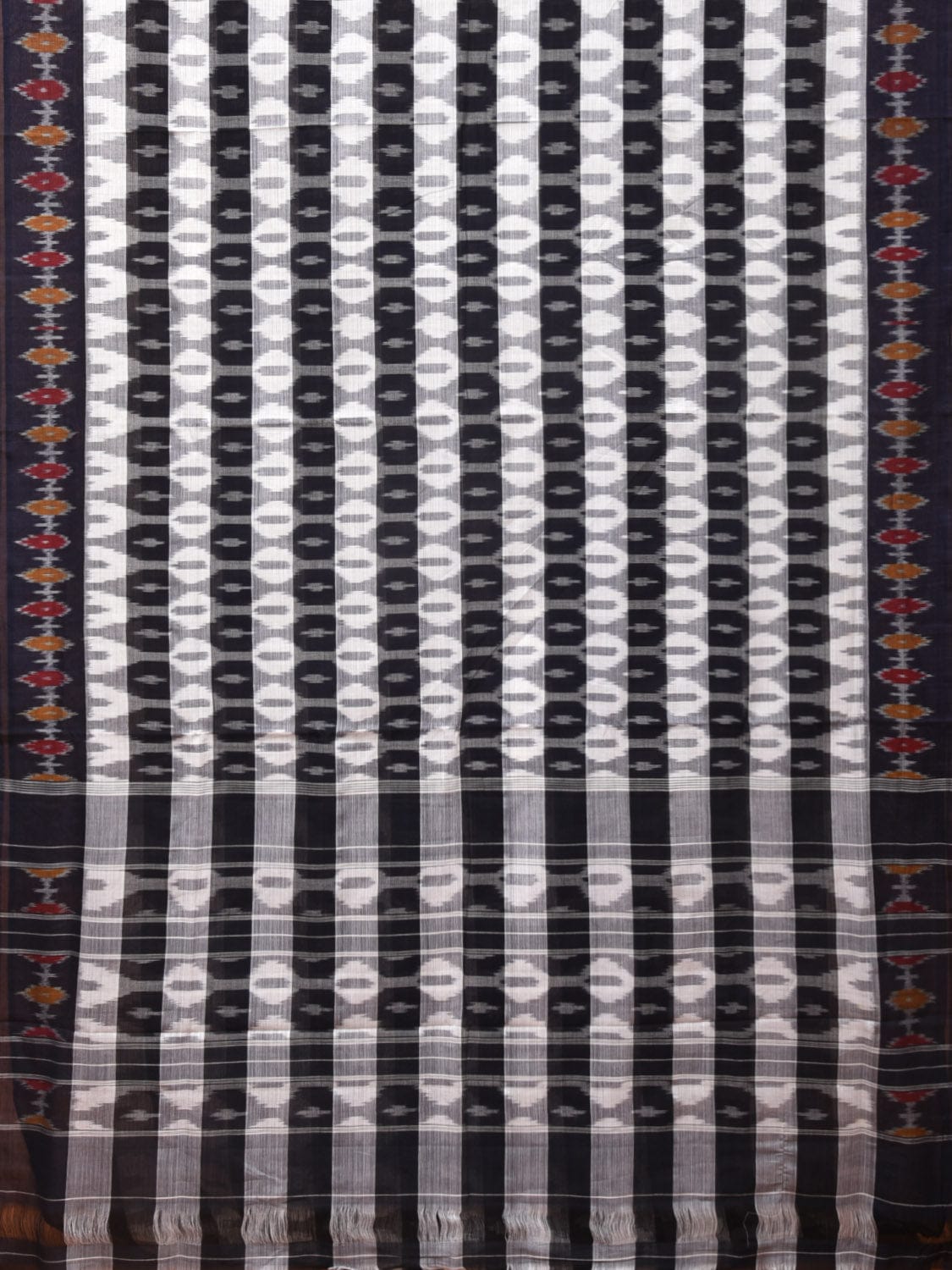 White and Black Pochampally Ikat Cotton Handloom Saree with Strips Design No Blouse i0800