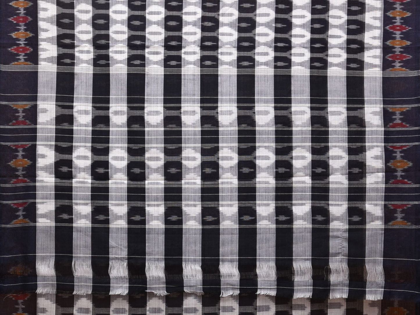 White and Black Pochampally Ikat Cotton Handloom Saree with Strips Design No Blouse i0800