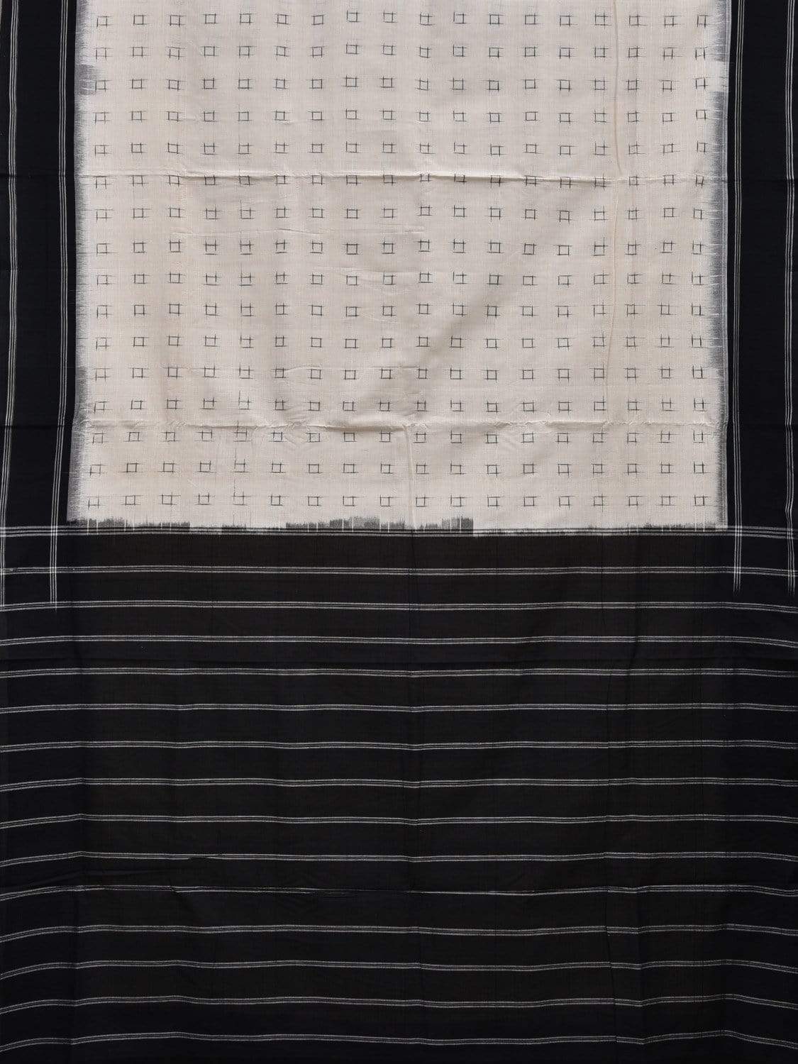 White and Black Pochampally Ikat Cotton Handloom Saree with Strips Pallu Design i0605
