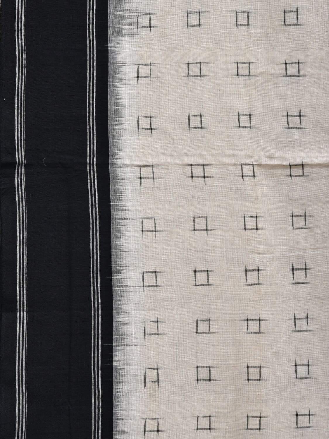 White and Black Pochampally Ikat Cotton Handloom Saree with Strips Pallu Design i0605