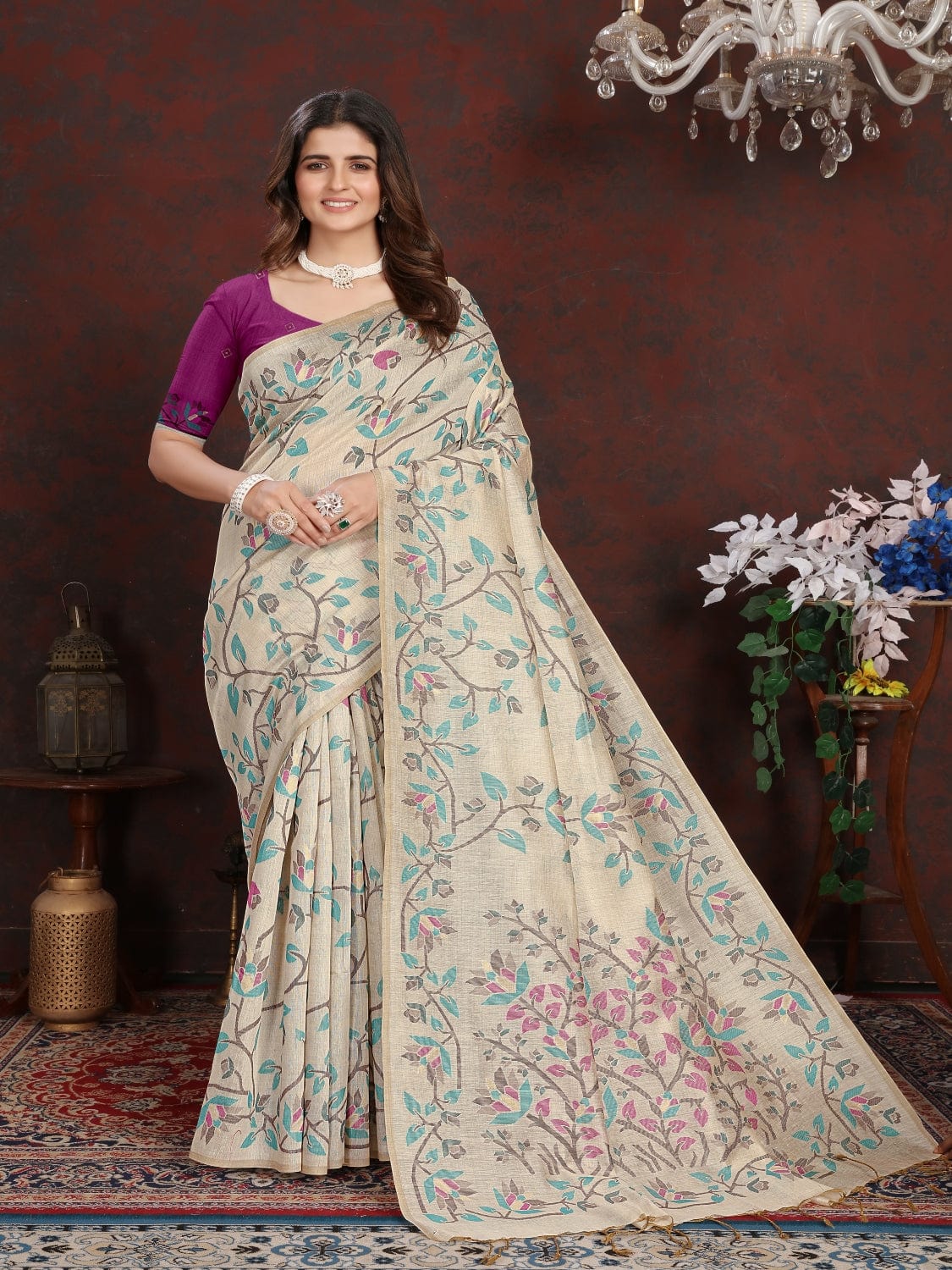 White and Blue Dhakai Jamdani Cotton Viscose Saree with Floral Border and Pallu Design dj0129