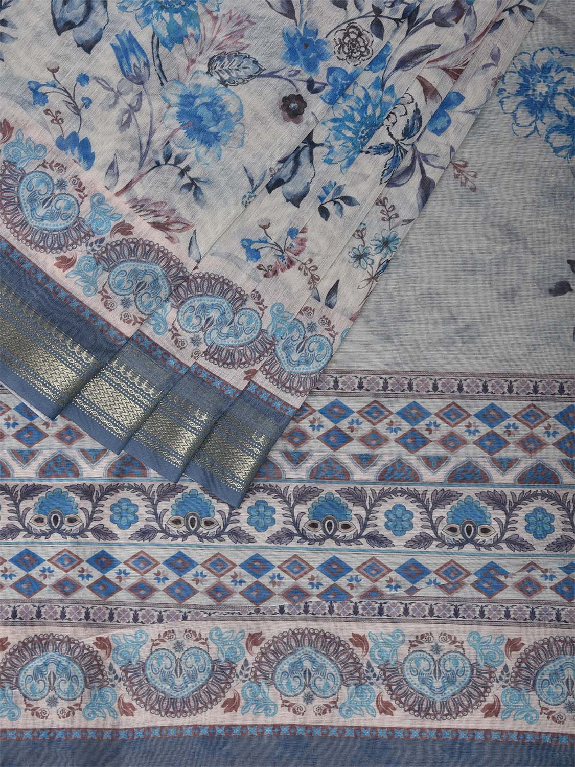 White and Blue Digital Print Blended Cotton Silk Saree with Floral Design o0656