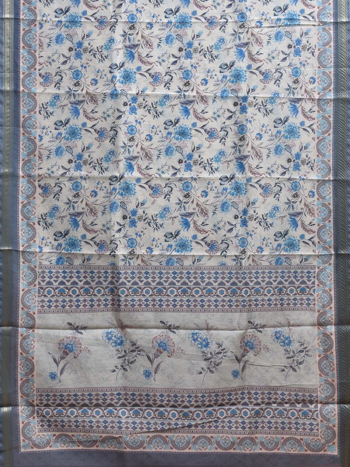 White and Blue Digital Print Blended Cotton Silk Saree with Floral Design o0656