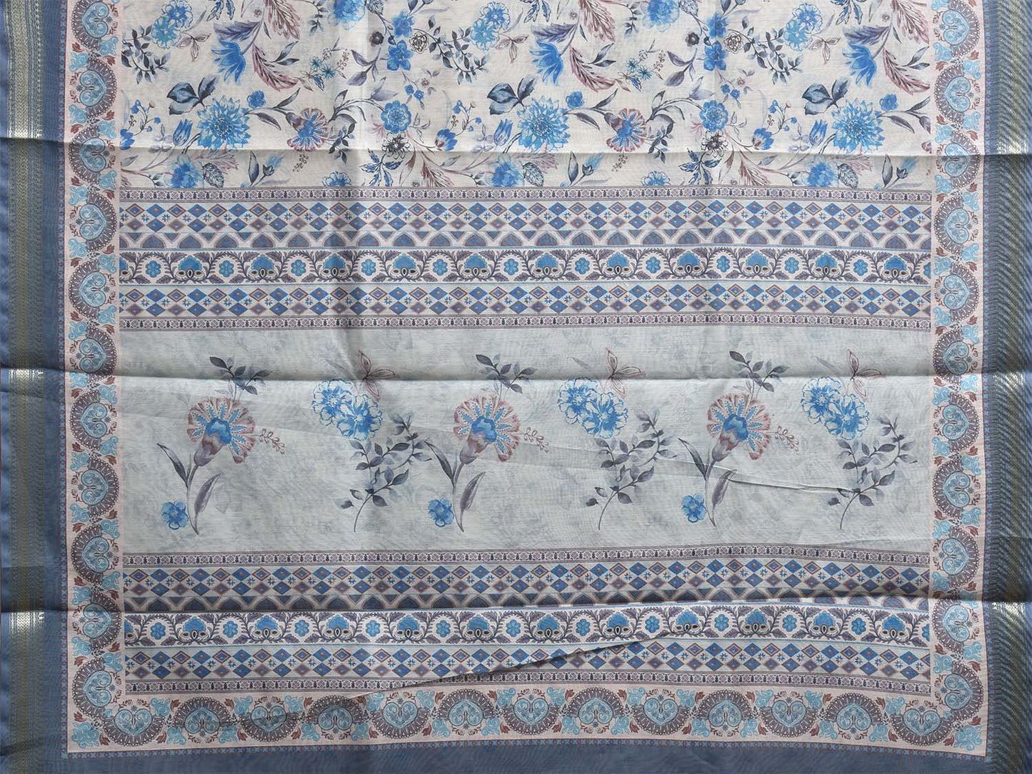 White and Blue Digital Print Blended Cotton Silk Saree with Floral Design o0656
