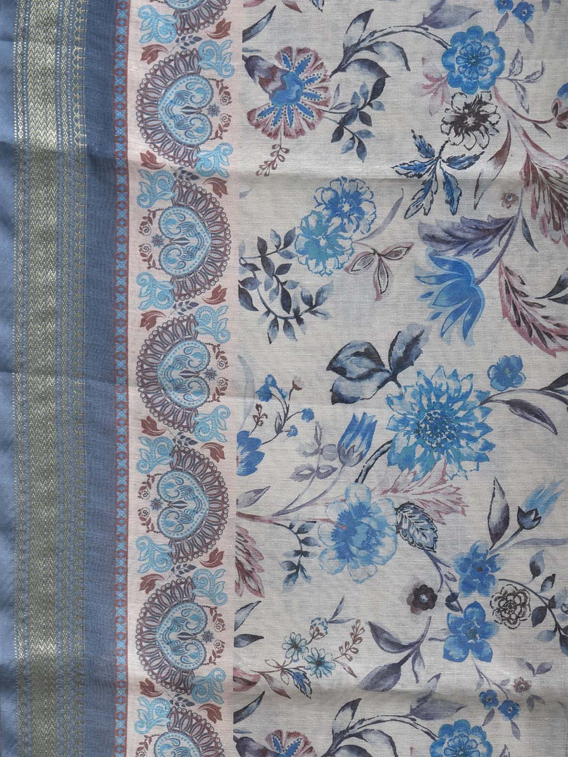 White and Blue Digital Print Blended Cotton Silk Saree with Floral Design o0656