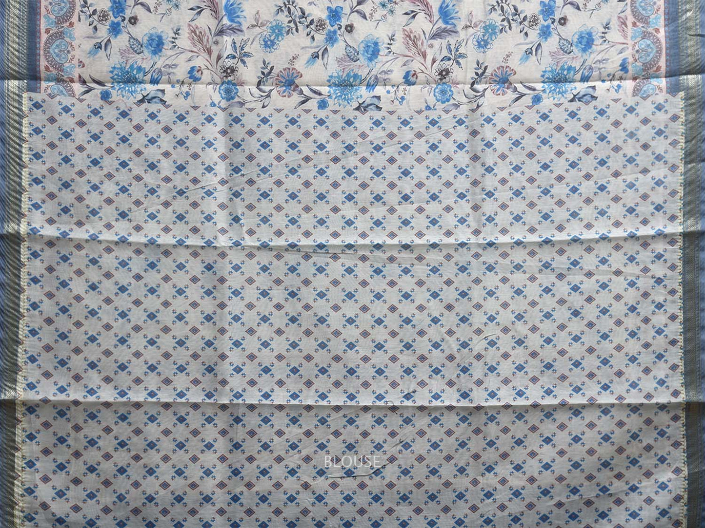 White and Blue Digital Print Blended Cotton Silk Saree with Floral Design o0656