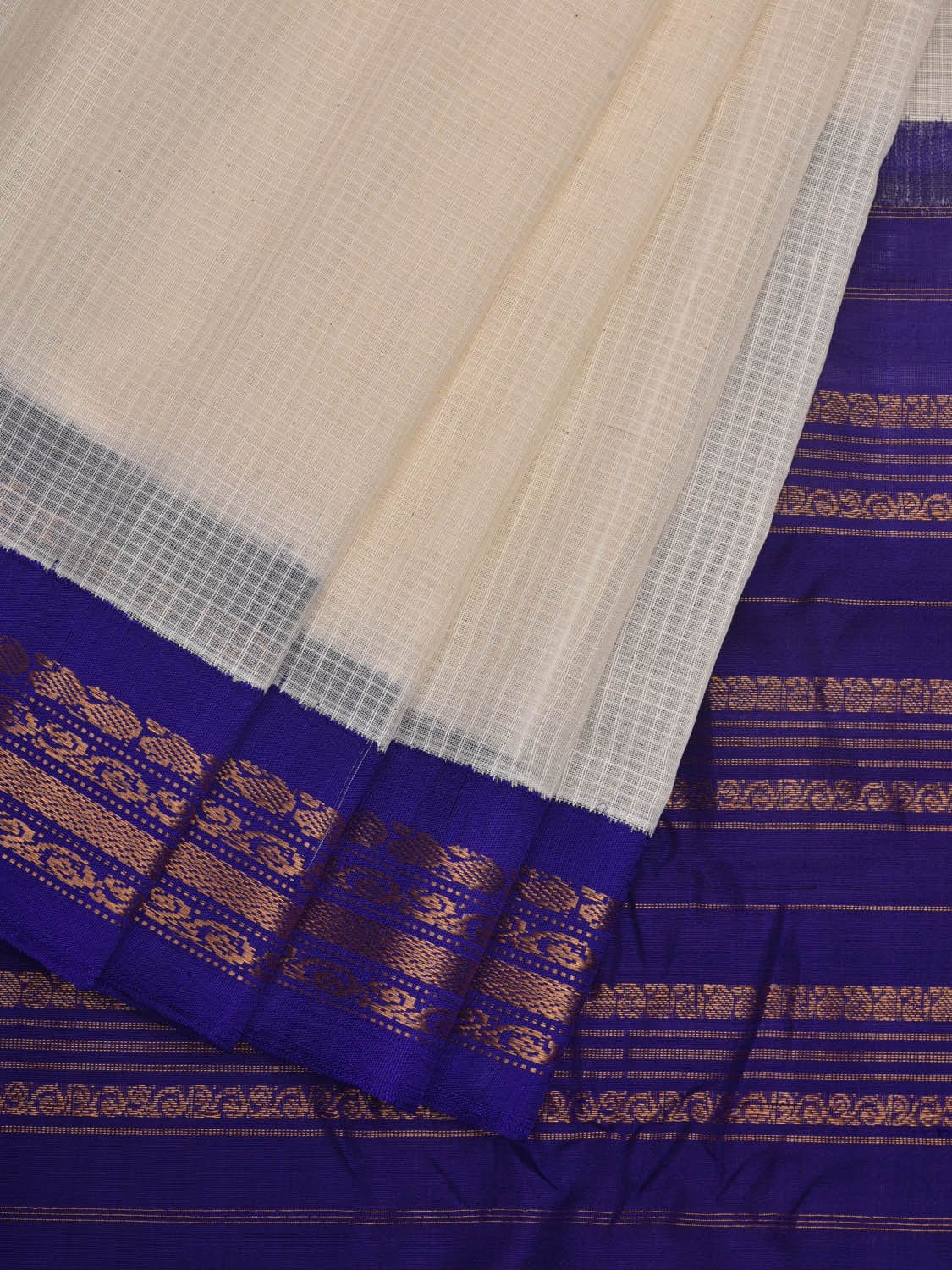 White and Blue Gadwal Cotton Handloom Saree with Checks Design No Blouse g0320