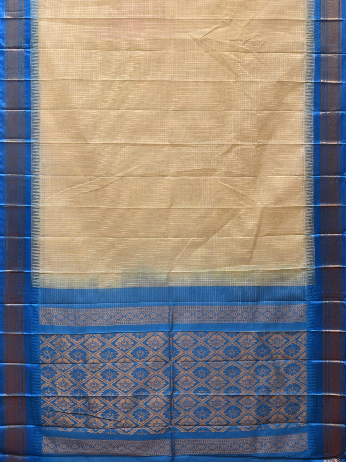 White and Blue Gadwal Cotton Plain Saree with Checks and Pallu Design No Blouse g0351