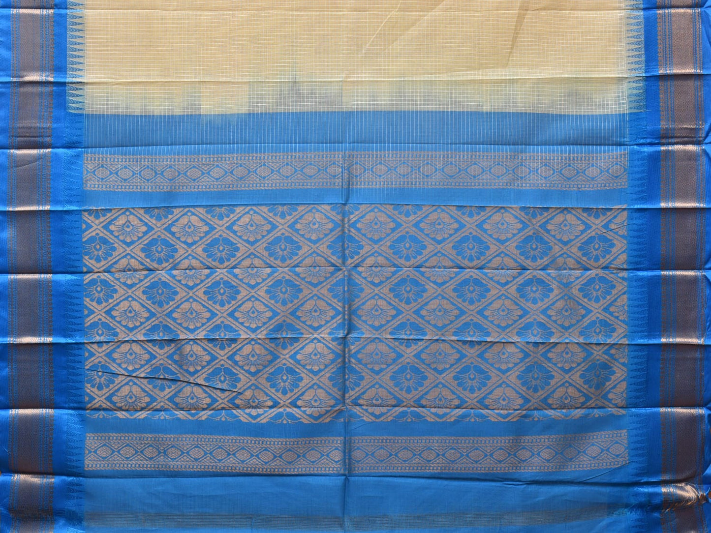 White and Blue Gadwal Cotton Plain Saree with Checks and Pallu Design No Blouse g0351