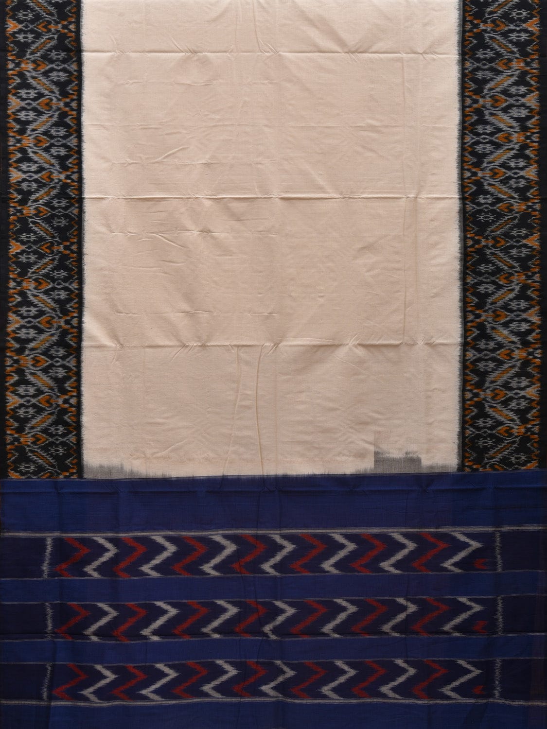 White and Blue Pochampally Ikat Cotton Handloom Saree with Border Design i0696