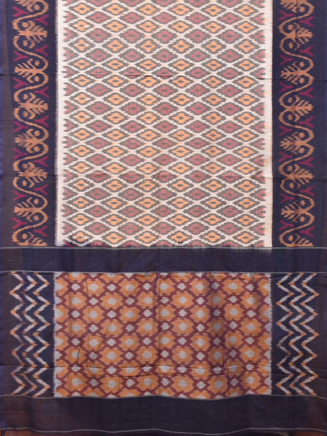 White and Blue Pochampally Ikat Cotton Handloom Saree with Grill Design i0791