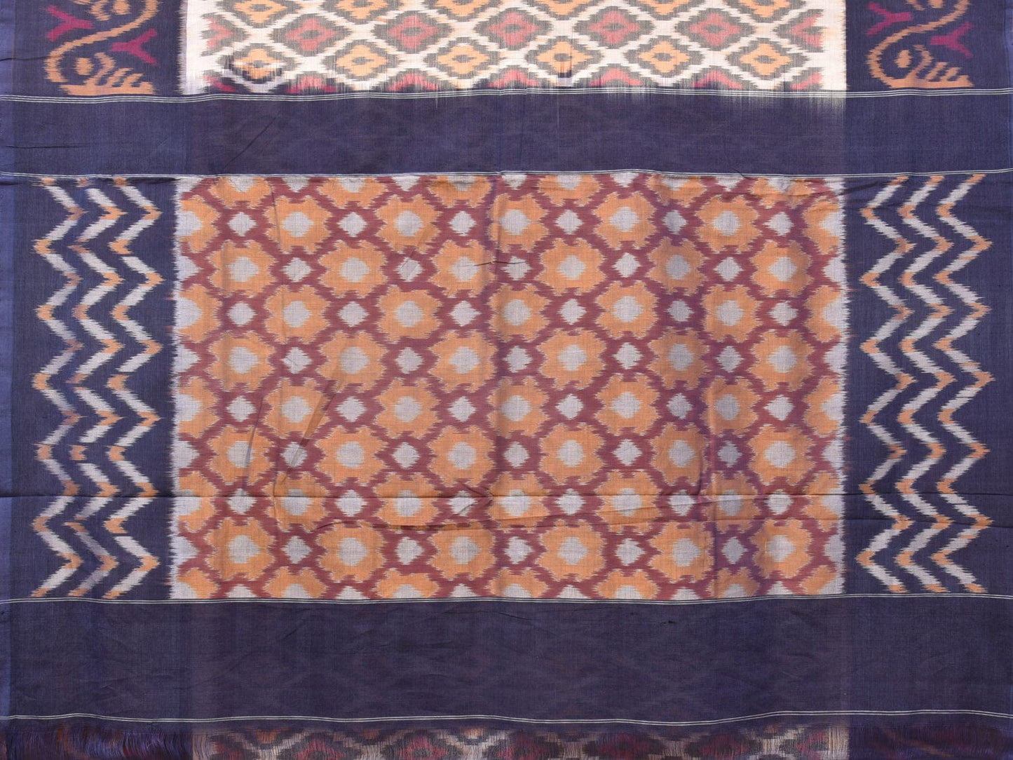 White and Blue Pochampally Ikat Cotton Handloom Saree with Grill Design i0791