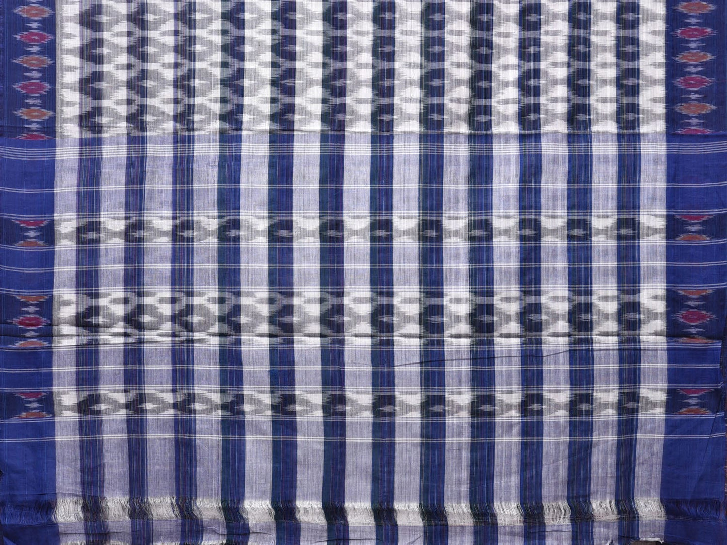 White and Blue Pochampally Ikat Cotton Handloom Saree with Strips Design No Blouse i0832