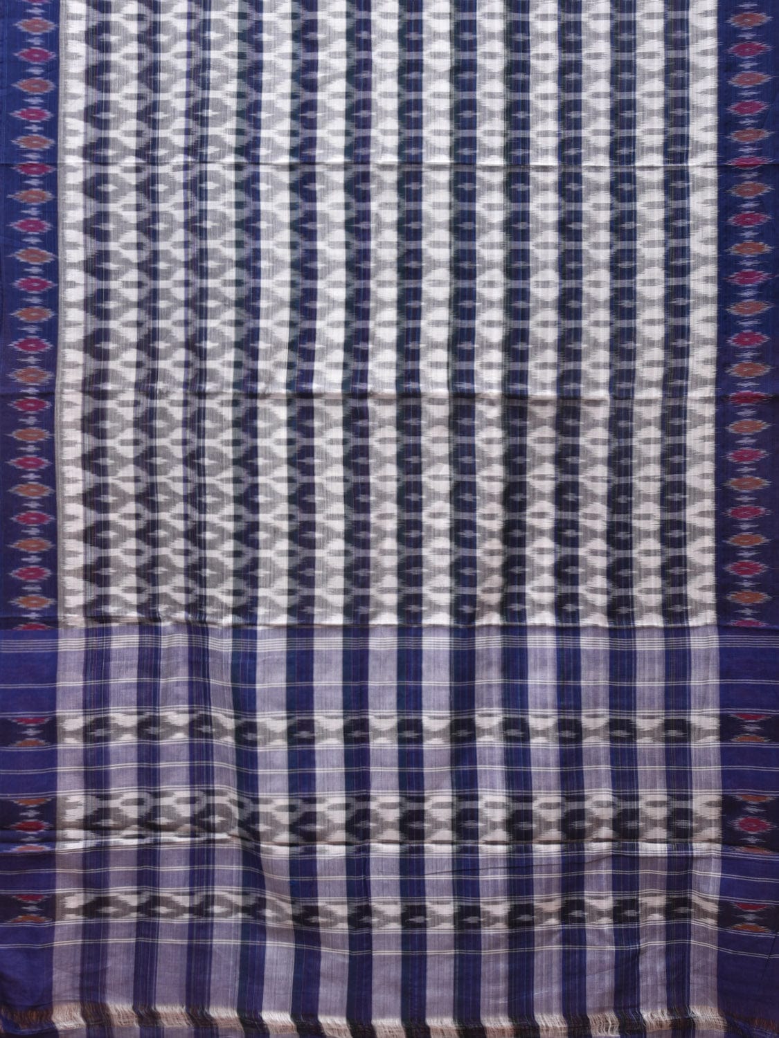 White and Blue Pochampally Ikat Cotton Handloom Saree with Strips Design No Blouse i0832
