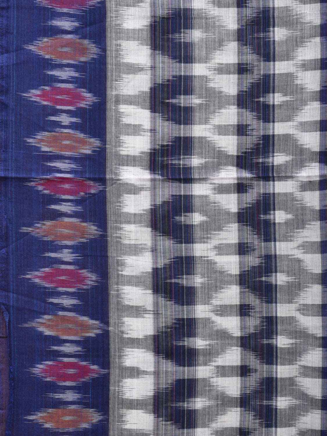 White and Blue Pochampally Ikat Cotton Handloom Saree with Strips Design No Blouse i0832
