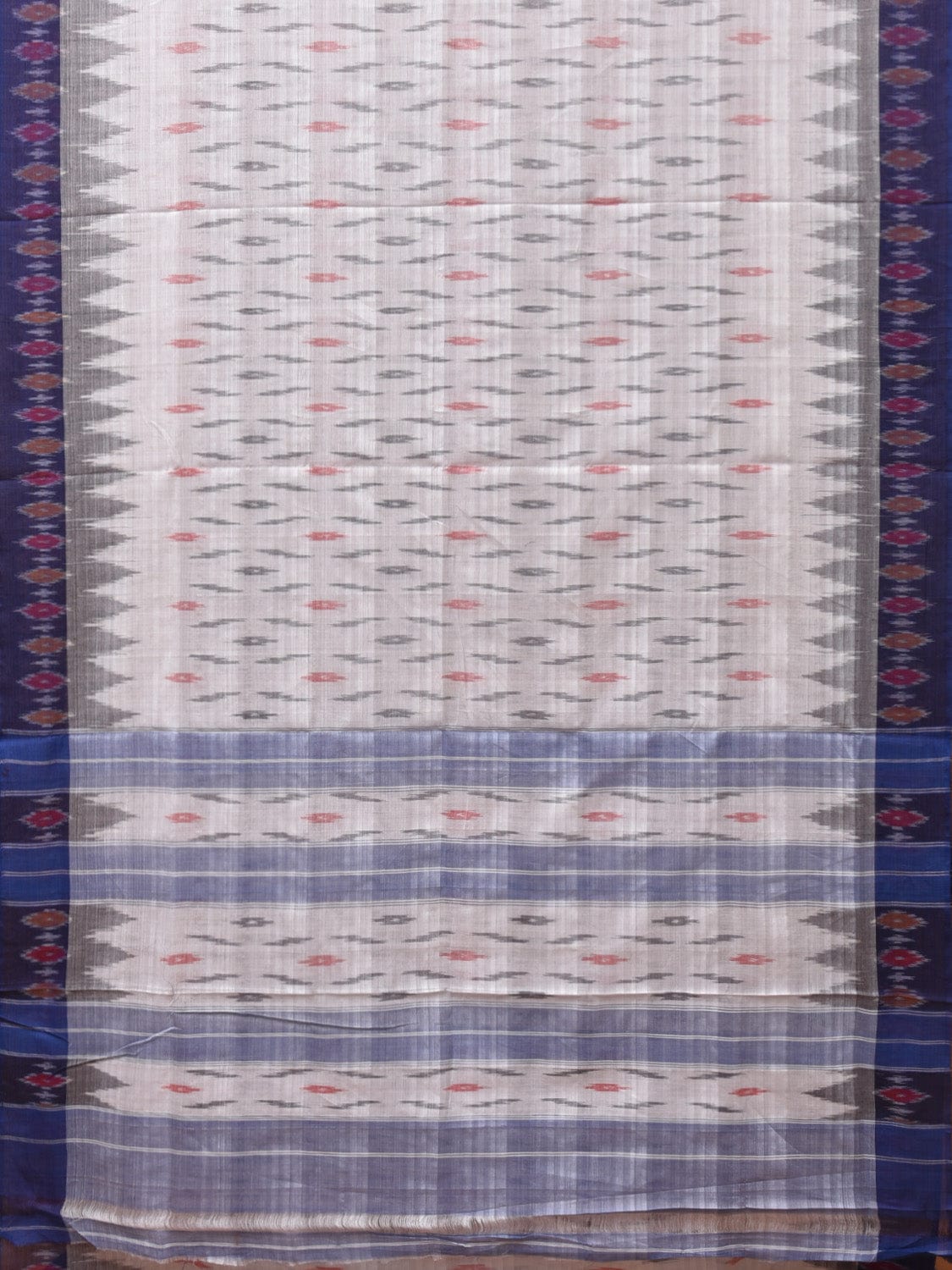 White and Blue Pochampally Ikat Cotton Handloom Saree with Temple Border Design No Blouse i0831