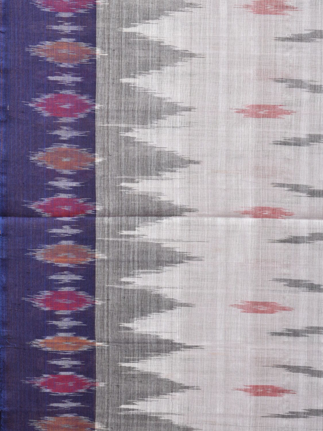 White and Blue Pochampally Ikat Cotton Handloom Saree with Temple Border Design No Blouse i0831
