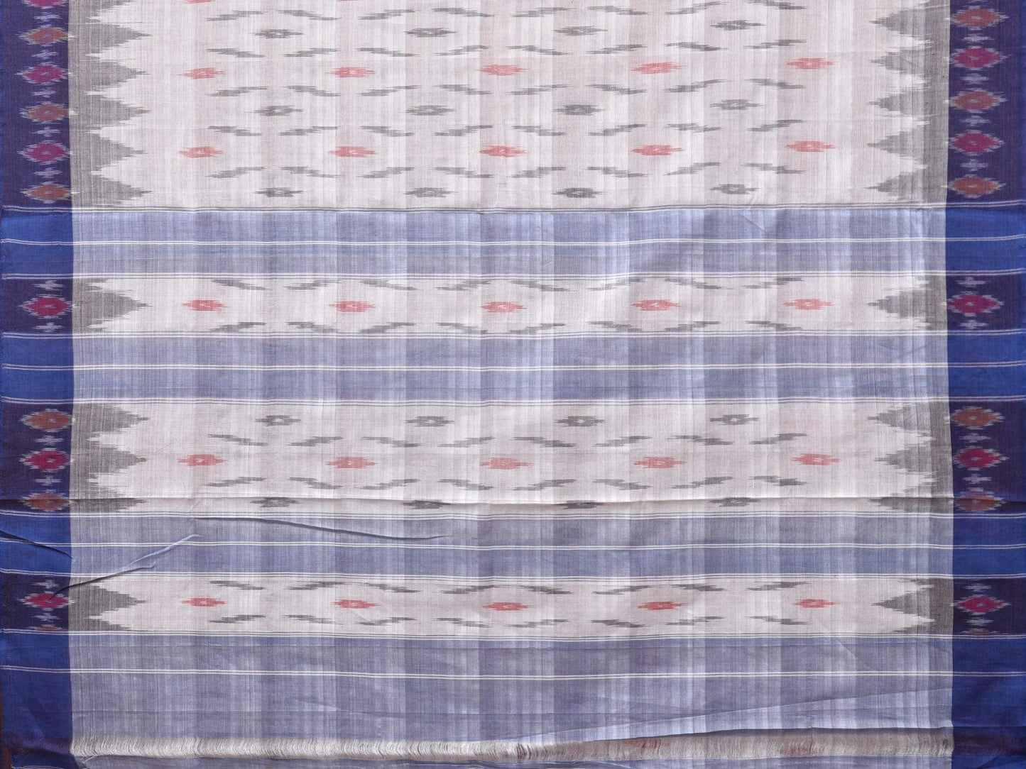 White and Blue Pochampally Ikat Cotton Handloom Saree with Temple Border Design No Blouse i0831