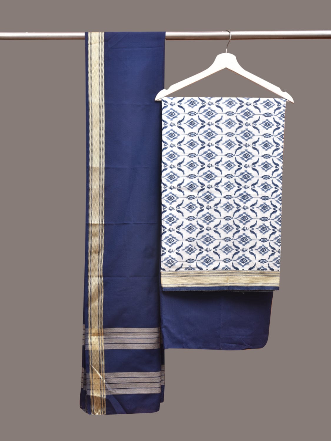 White and Dark Blue Bamboo Cotton Dress Material with Dupatta and Printed Top Plain Bottom Design dm0041