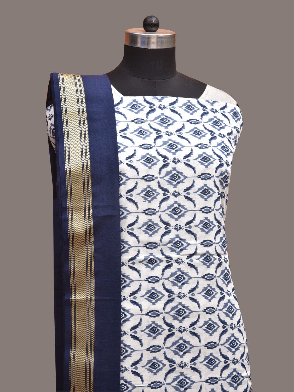 White and Dark Blue Bamboo Cotton Dress Material with Dupatta and Printed Top Plain Bottom Design dm0041