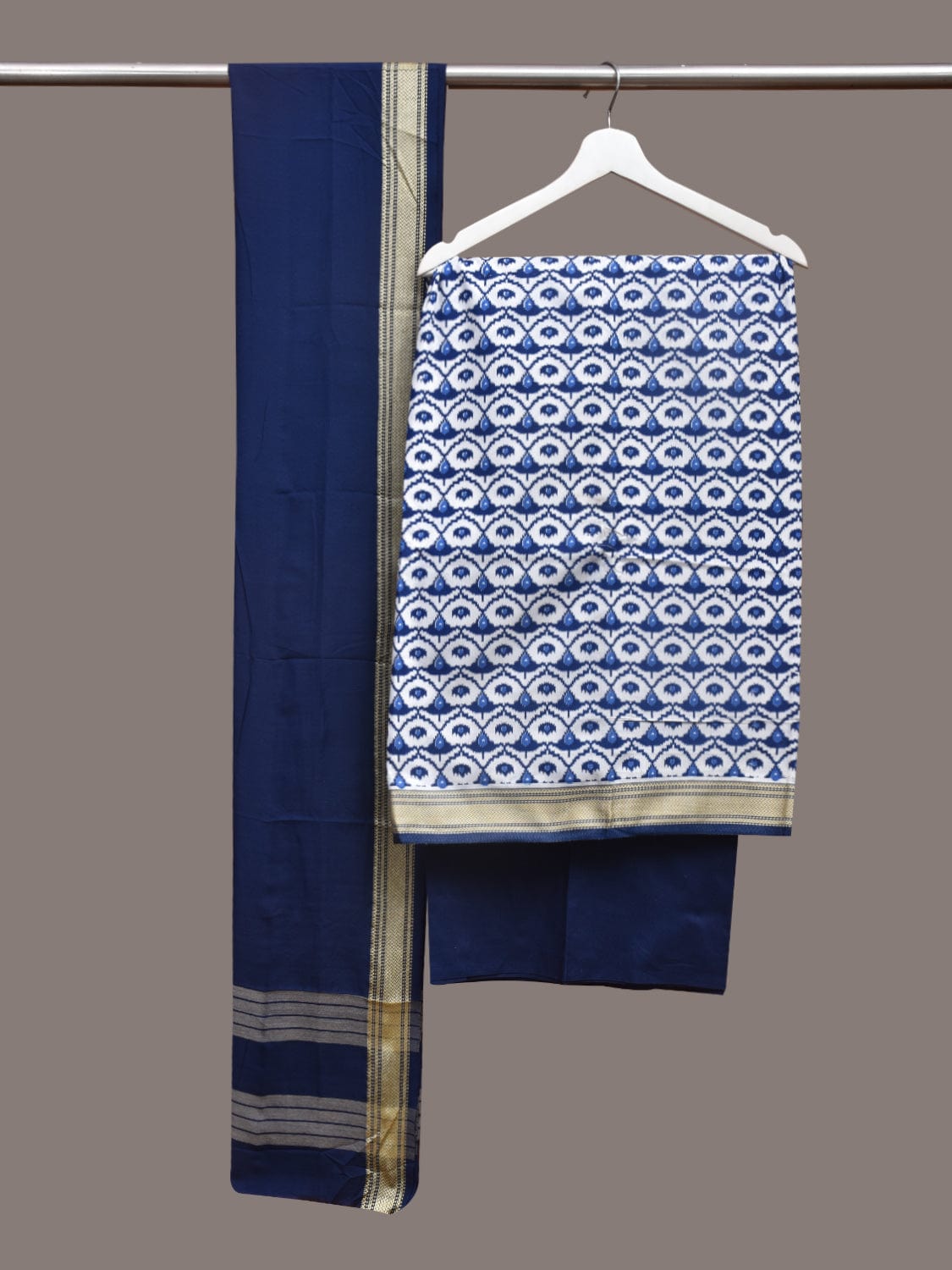 White and Dark Blue Bamboo Cotton Dress Material with Dupatta and Printed Top Plain Bottom Design dm0043