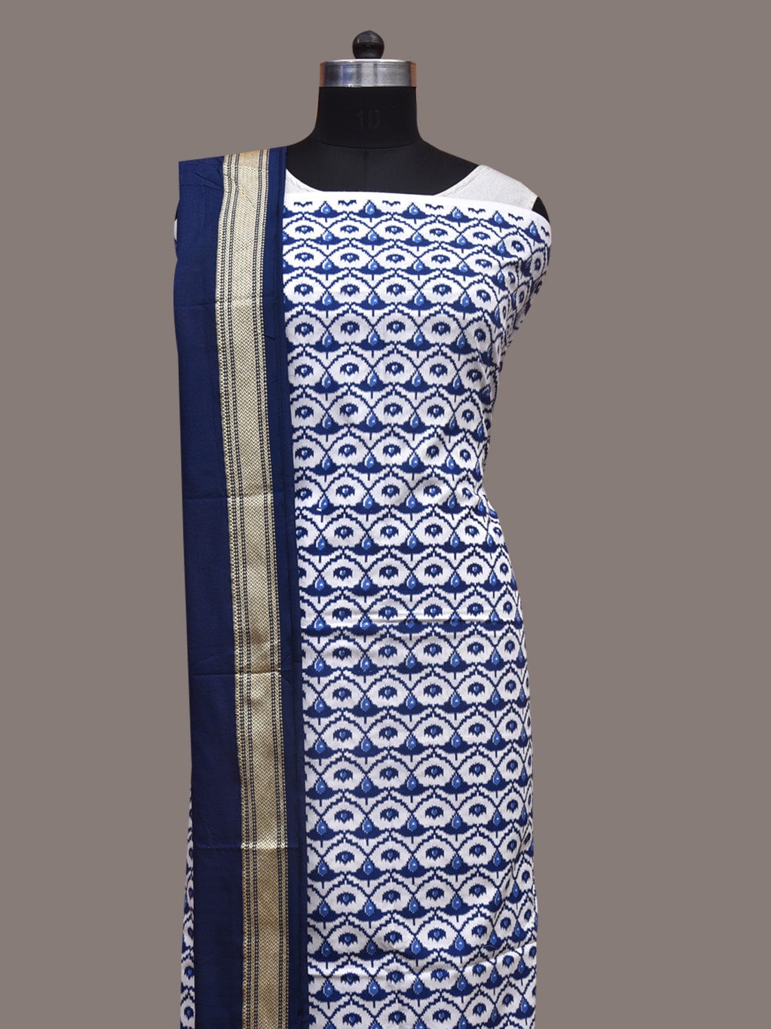 White and Dark Blue Bamboo Cotton Dress Material with Dupatta and Printed Top Plain Bottom Design dm0043