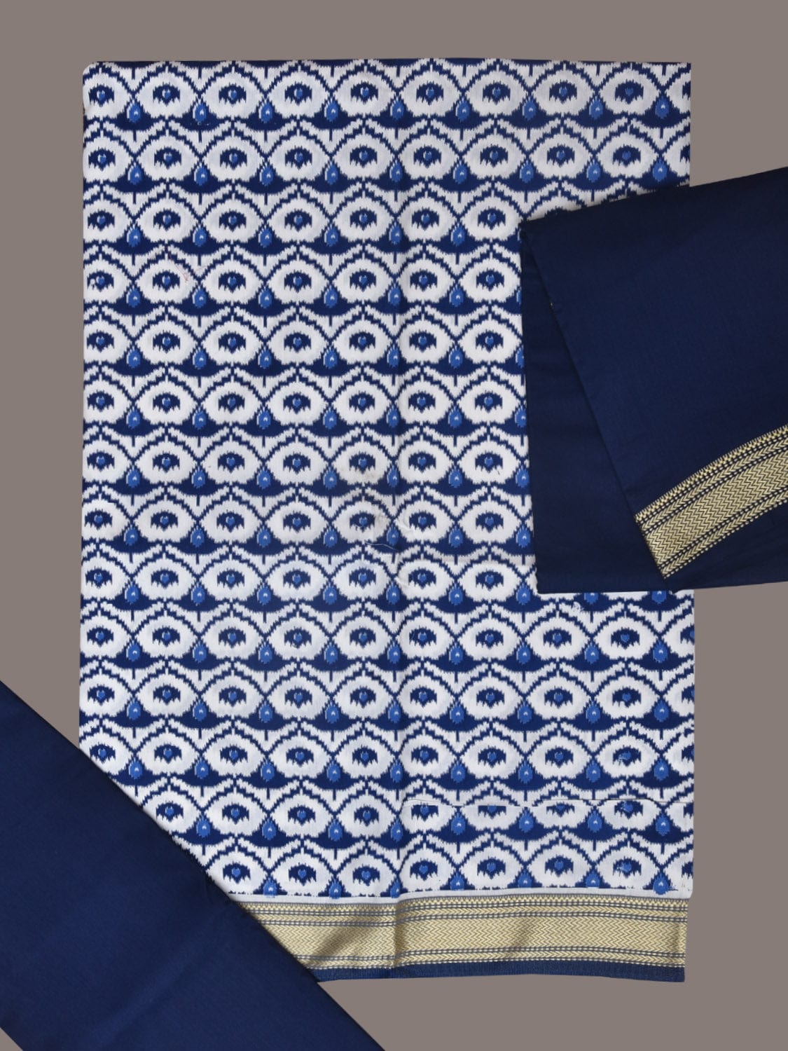 White and Dark Blue Bamboo Cotton Dress Material with Dupatta and Printed Top Plain Bottom Design dm0043