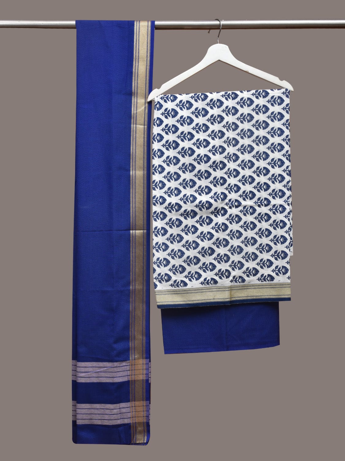 White and Dark Blue Bamboo Cotton Dress Material with Dupatta and Printed Top Plain Bottom Design dm0044