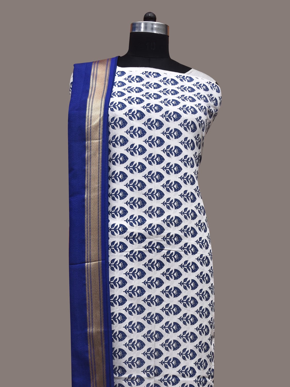 White and Dark Blue Bamboo Cotton Dress Material with Dupatta and Printed Top Plain Bottom Design dm0044