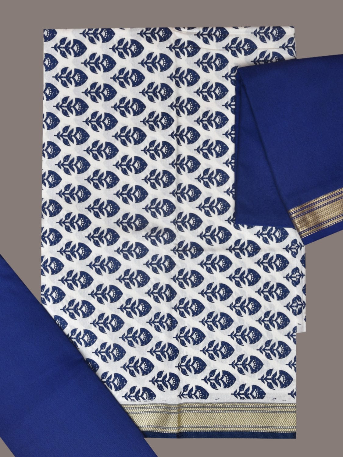 White and Dark Blue Bamboo Cotton Dress Material with Dupatta and Printed Top Plain Bottom Design dm0044