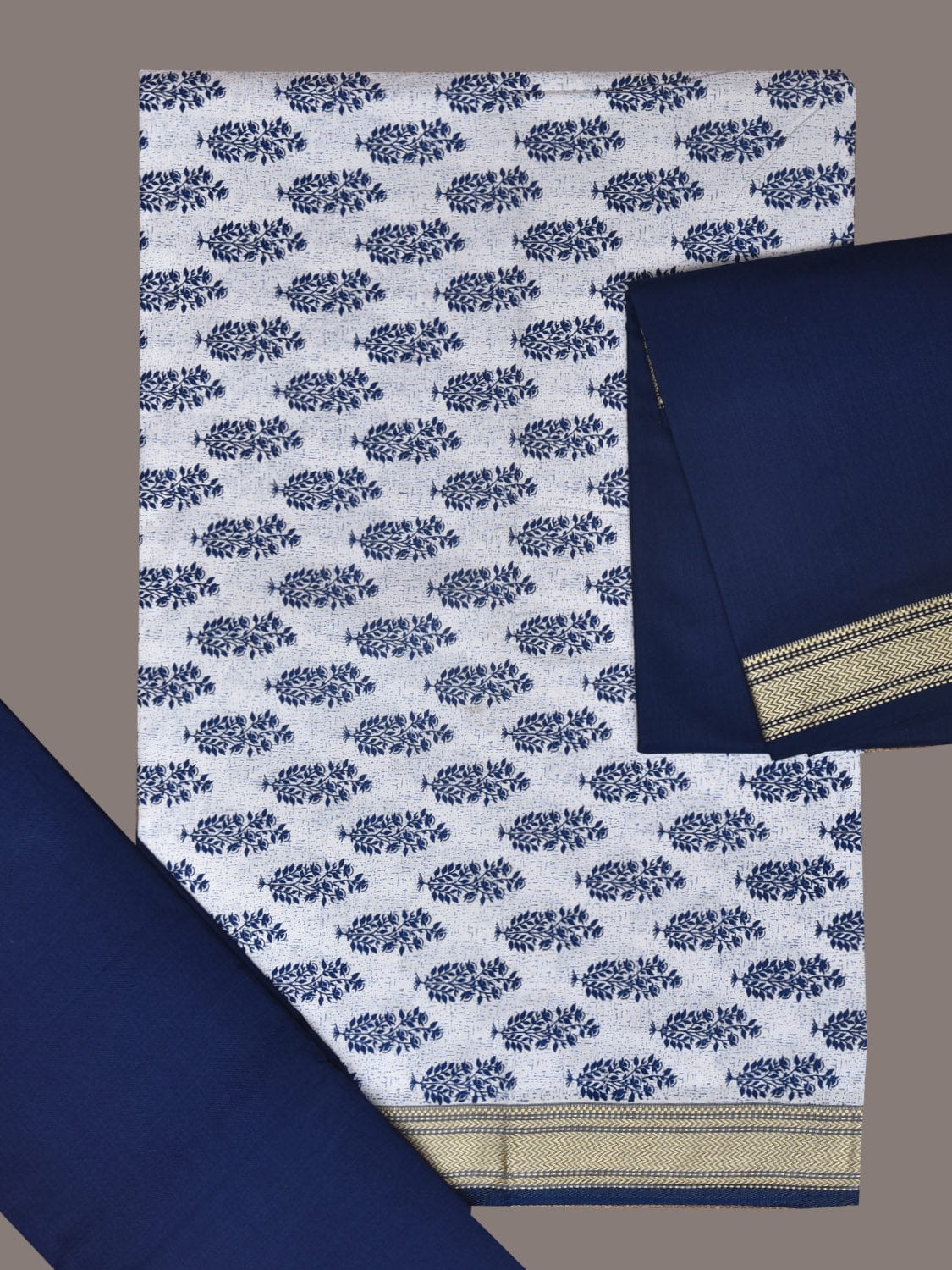 White and Dark Blue Bamboo Cotton Dress Material with Dupatta and Printed Top Plain Bottom Design dm0045